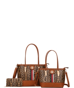 3in1 Designer Inspired Leopard Tote Bag Wallet Set BWX-8557S BROWN